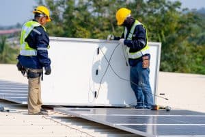 Solar cell panels in a photovoltaic power plant.concept of sustainable resources and renewable energy.